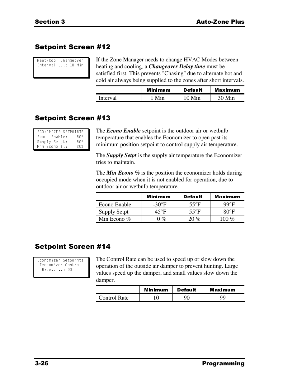 Minimum default maximum, Setpoint screen #12, Setpoint screen #13 | Setpoint screen #14 | Auto-Zone Control Systems Auto-Zone Plus Systems Installation & Operation (Version 03A) User Manual | Page 112 / 210