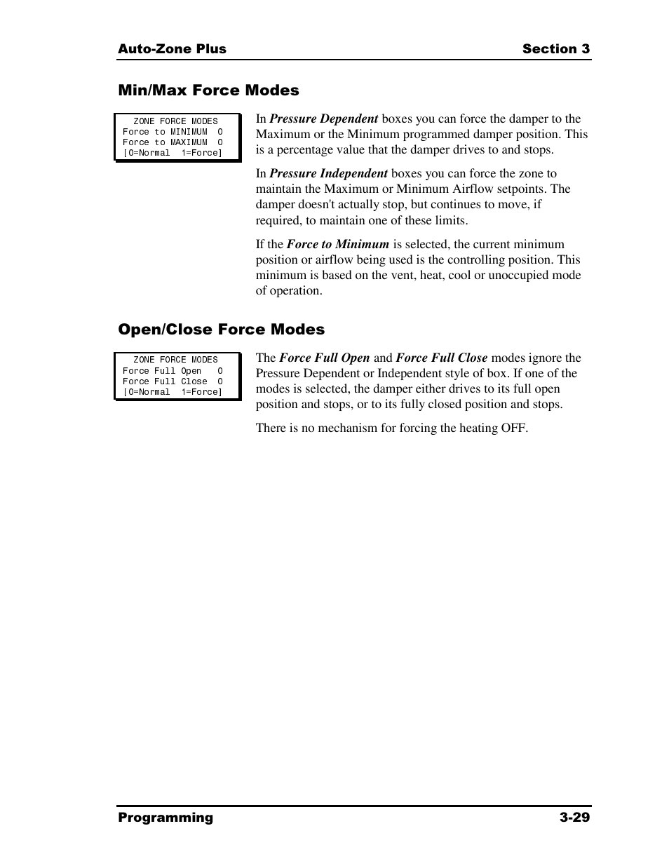 Min/max force modes, Open/close force modes | Auto-Zone Control Systems Auto-Zone Plus Systems Installation & Operation (Version 03A) User Manual | Page 115 / 210