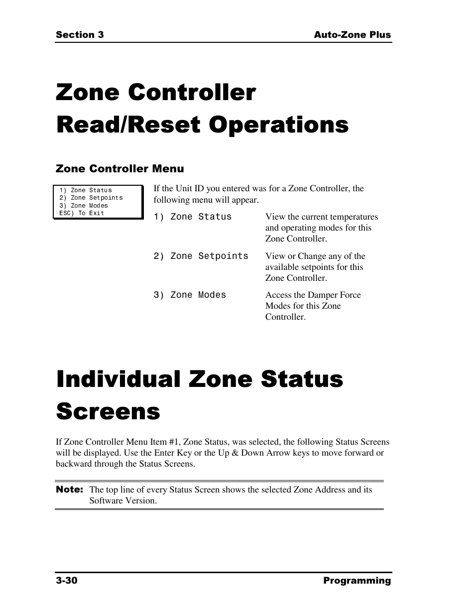 Zone controller read/reset operations, Individual zone status screens | Auto-Zone Control Systems Auto-Zone Plus Systems Installation & Operation (Version 03A) User Manual | Page 116 / 210