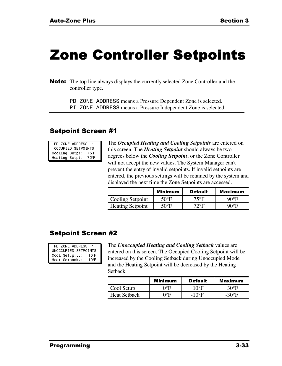 Zone controller setpoints, Minimum default maximum | Auto-Zone Control Systems Auto-Zone Plus Systems Installation & Operation (Version 03A) User Manual | Page 119 / 210