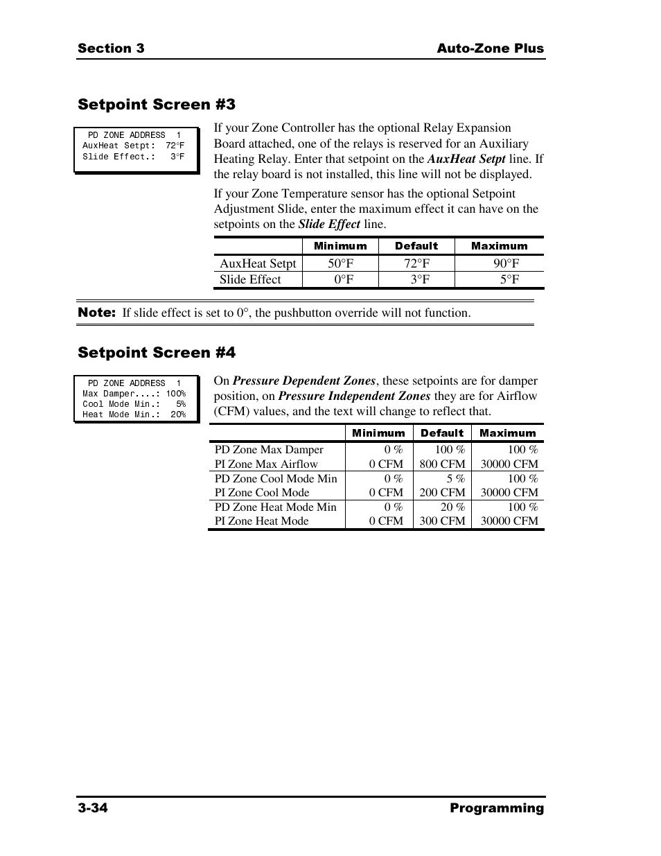 Minimum default maximum, Setpoint screen #3, Setpoint screen #4 | Auto-Zone Control Systems Auto-Zone Plus Systems Installation & Operation (Version 03A) User Manual | Page 120 / 210