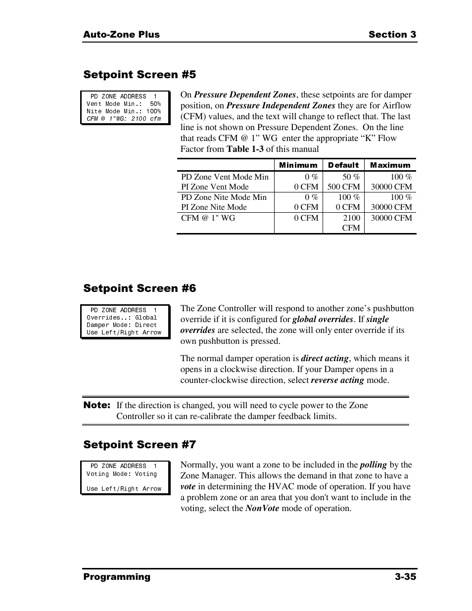 Minimum, Default, Maximum | Setpoint screen #5, Setpoint screen #6, Setpoint screen #7 | Auto-Zone Control Systems Auto-Zone Plus Systems Installation & Operation (Version 03A) User Manual | Page 121 / 210