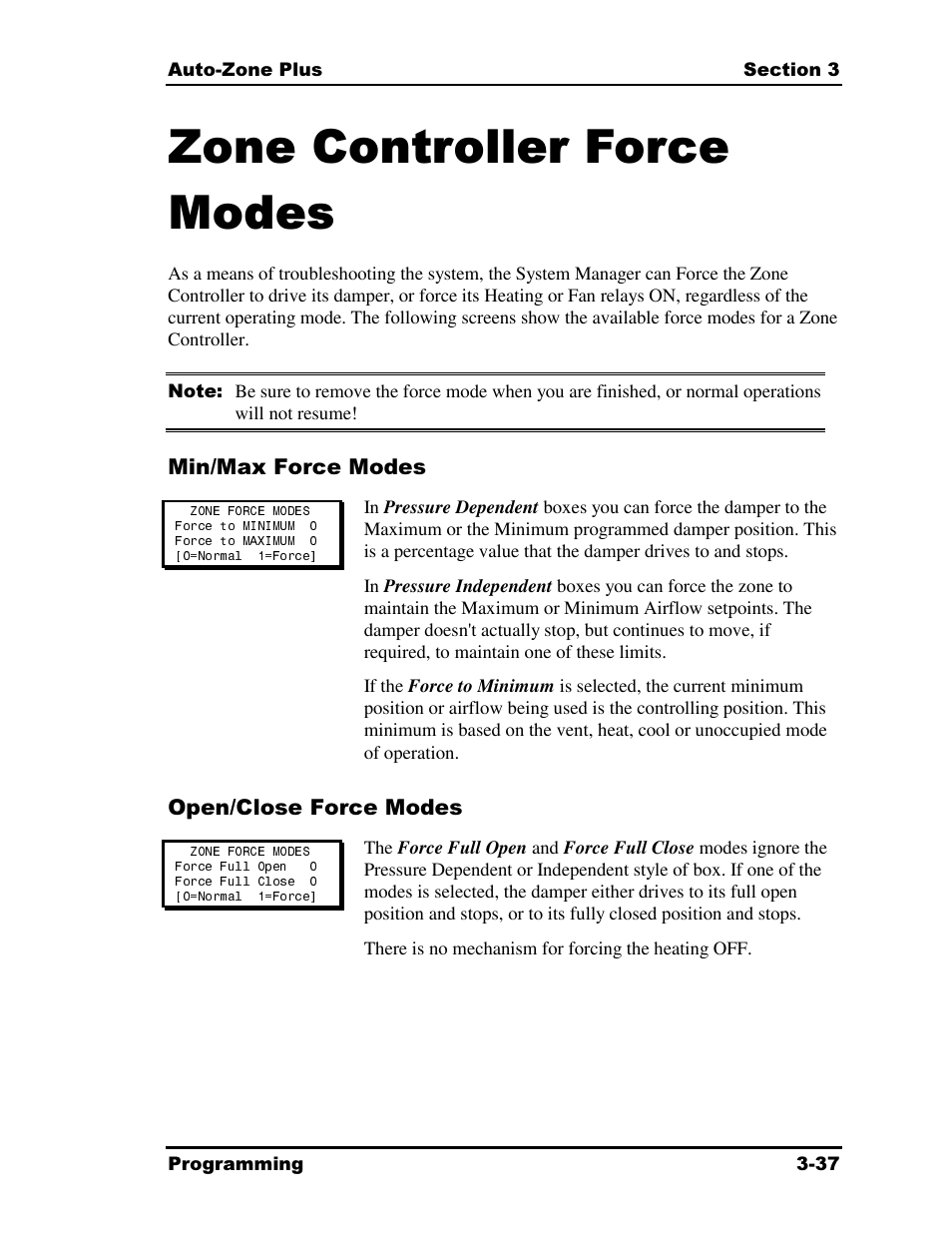 Zone controller force modes | Auto-Zone Control Systems Auto-Zone Plus Systems Installation & Operation (Version 03A) User Manual | Page 123 / 210