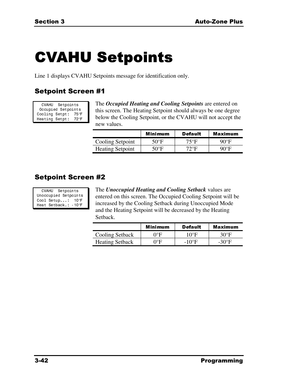 Cvahu setpoints, Minimum default maximum | Auto-Zone Control Systems Auto-Zone Plus Systems Installation & Operation (Version 03A) User Manual | Page 128 / 210