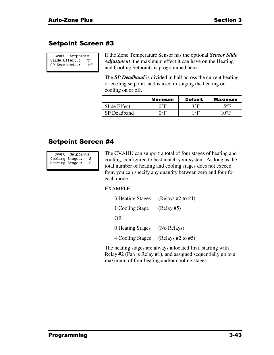 Minimum default maximum, Setpoint screen #3, Setpoint screen #4 | Auto-Zone Control Systems Auto-Zone Plus Systems Installation & Operation (Version 03A) User Manual | Page 129 / 210