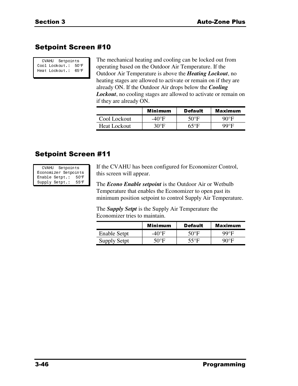 Minimum default maximum, Setpoint screen #10, Setpoint screen #11 | Auto-Zone Control Systems Auto-Zone Plus Systems Installation & Operation (Version 03A) User Manual | Page 132 / 210