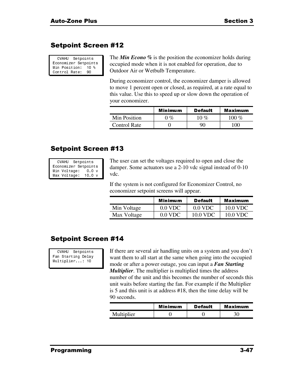 Minimum default maximum, Setpoint screen #12, Setpoint screen #13 | Setpoint screen #14 | Auto-Zone Control Systems Auto-Zone Plus Systems Installation & Operation (Version 03A) User Manual | Page 133 / 210