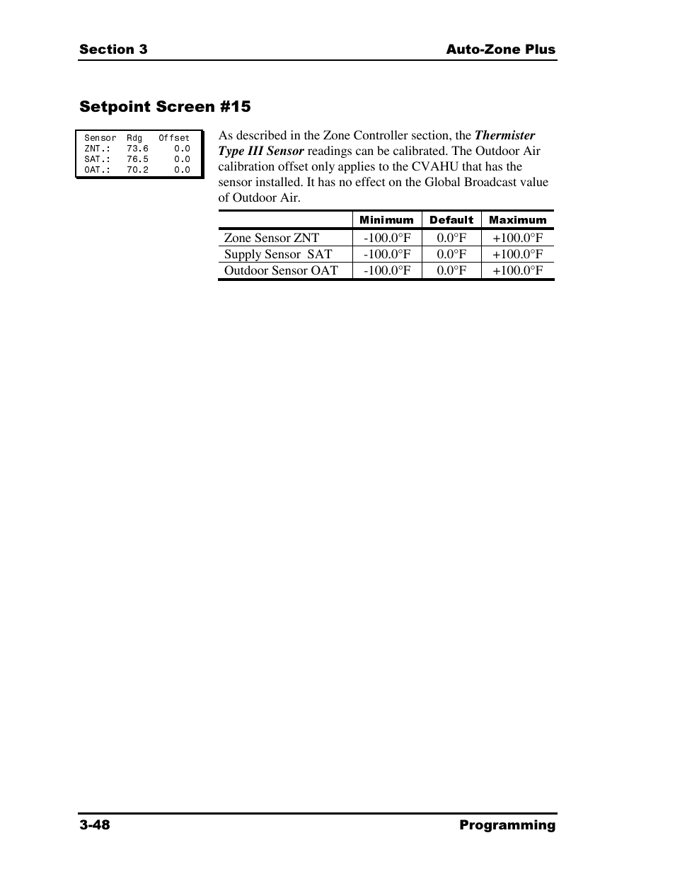Minimum default maximum, Setpoint screen #15 | Auto-Zone Control Systems Auto-Zone Plus Systems Installation & Operation (Version 03A) User Manual | Page 134 / 210