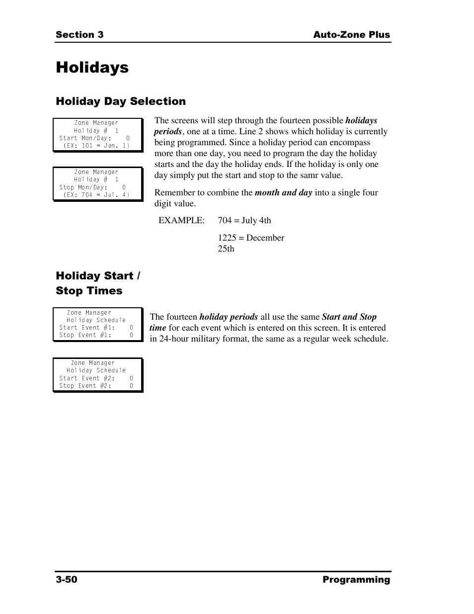 Holidays, Holiday day selection, Holiday start / stop times | Auto-Zone Control Systems Auto-Zone Plus Systems Installation & Operation (Version 03A) User Manual | Page 136 / 210