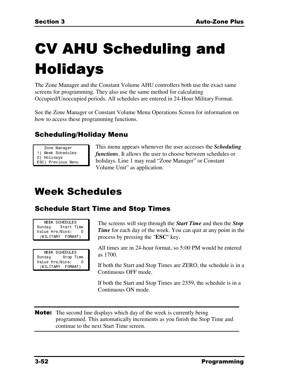 Cv ahu scheduling and holidays, Week schedules | Auto-Zone Control Systems Auto-Zone Plus Systems Installation & Operation (Version 03A) User Manual | Page 138 / 210