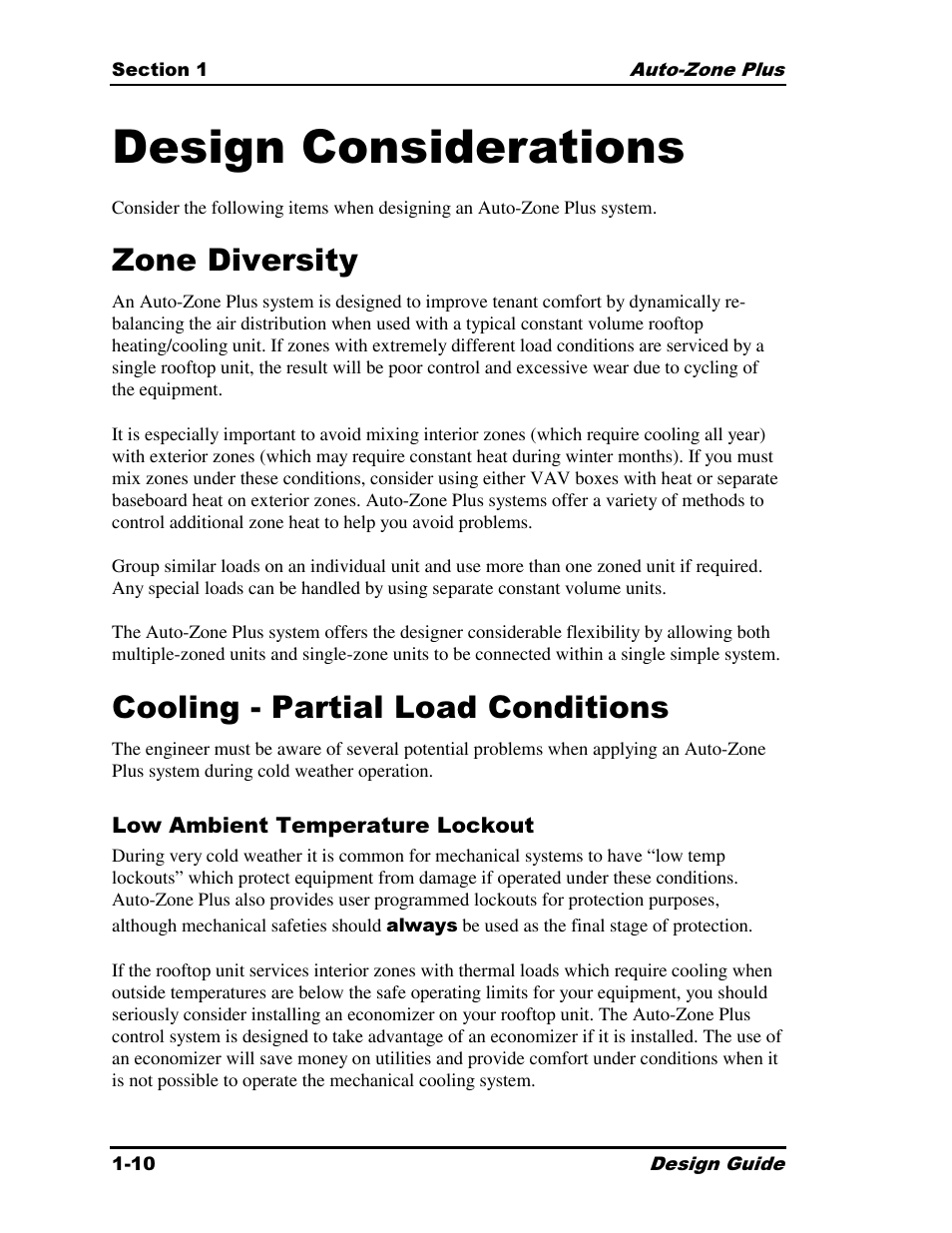 Design considerations, Zone diversity, Cooling - partial load conditions | Auto-Zone Control Systems Auto-Zone Plus Systems Installation & Operation (Version 03A) User Manual | Page 14 / 210