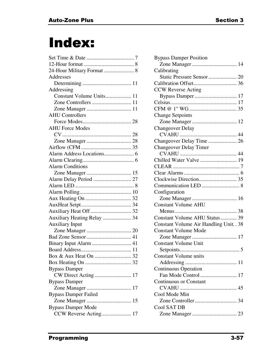 Index | Auto-Zone Control Systems Auto-Zone Plus Systems Installation & Operation (Version 03A) User Manual | Page 143 / 210