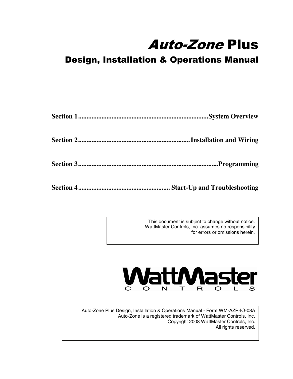 Wm-azp-io-ix-03a, Auto-zone plus, Design, installation & operations manual | Auto-Zone Control Systems Auto-Zone Plus Systems Installation & Operation (Version 03A) User Manual | Page 2 / 210