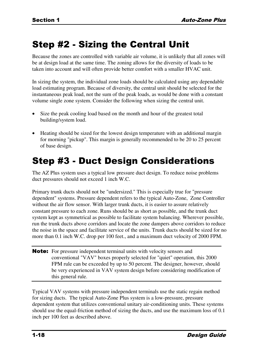 Step #2 - sizing the central unit, Step #3 - duct design considerations | Auto-Zone Control Systems Auto-Zone Plus Systems Installation & Operation (Version 03A) User Manual | Page 22 / 210