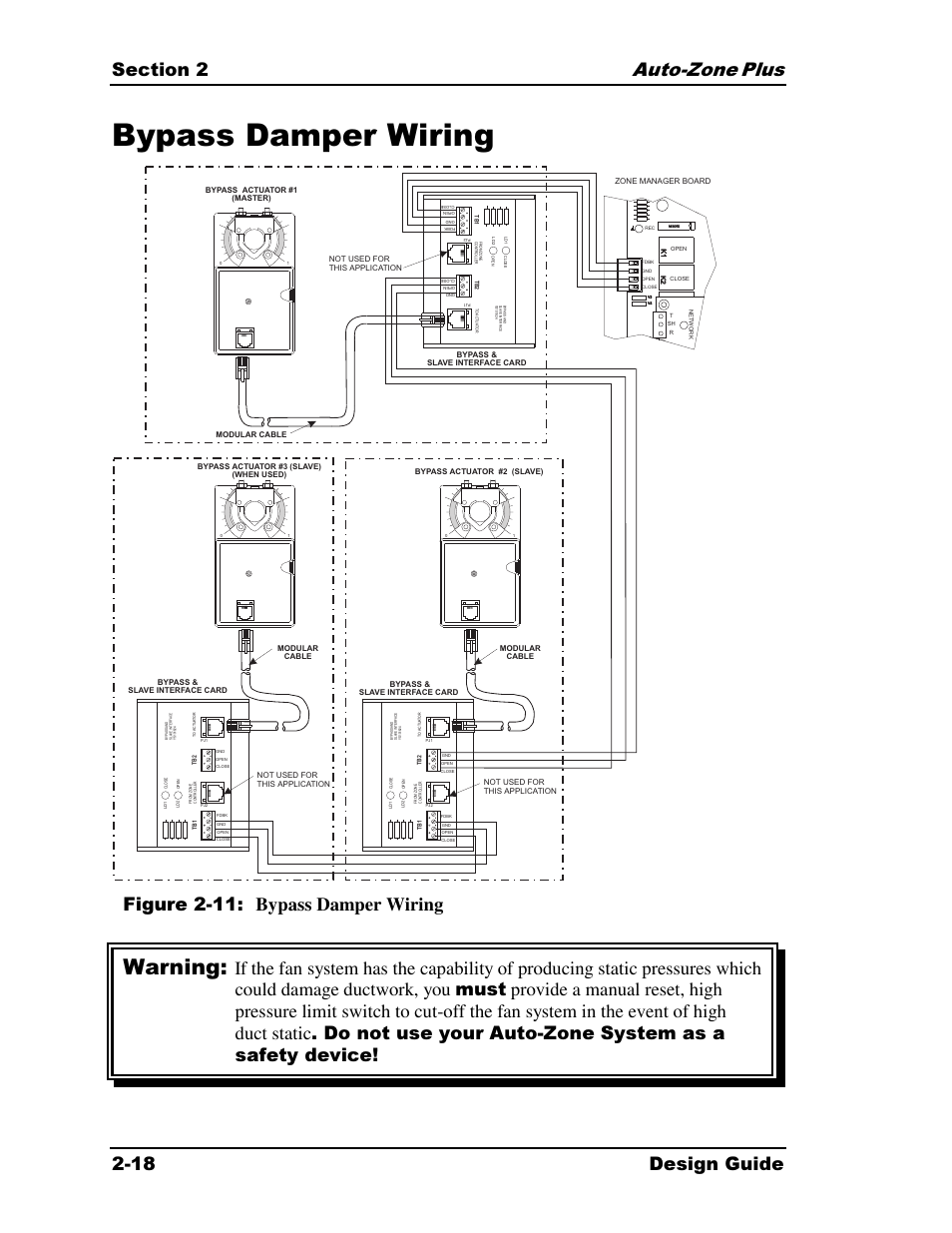 Bypass damper wiring, Warning, Plus 2-18 design guide | Figure 2-11: bypass damper wiring | Auto-Zone Control Systems Auto-Zone Plus Systems Installation & Operation (Version 03A) User Manual | Page 50 / 210