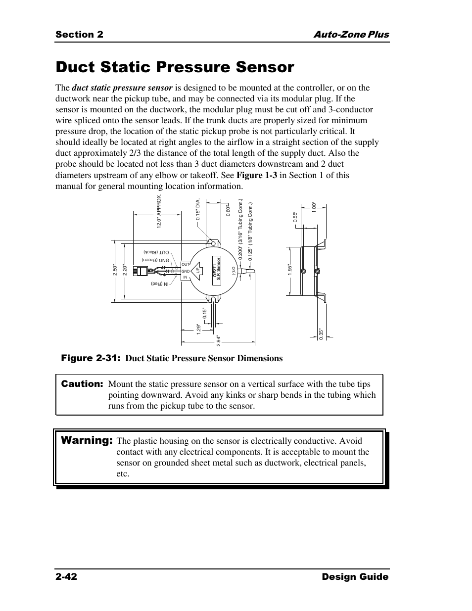 Duct static pressure sensor, Warning, Plus 2-42 design guide | Auto-Zone Control Systems Auto-Zone Plus Systems Installation & Operation (Version 03A) User Manual | Page 74 / 210