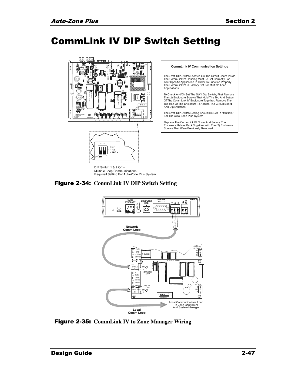 Commlink iv dip switch setting, Figure 2-34: commlink iv dip switch setting, Figure 2-35: commlink iv to zone manager wiring | Auto-Zone Control Systems Auto-Zone Plus Systems Installation & Operation (Version 03A) User Manual | Page 79 / 210