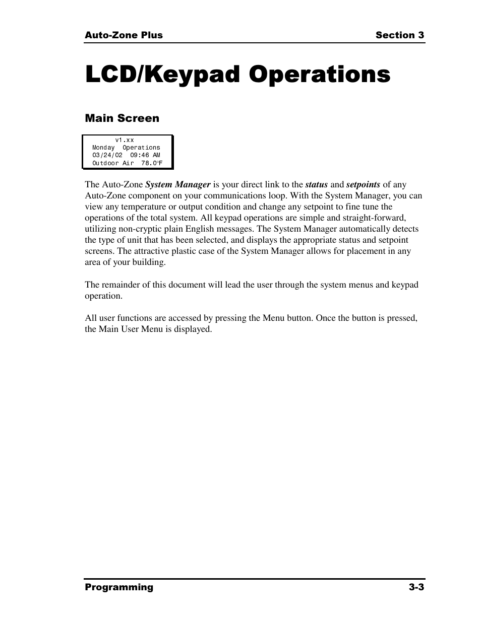 Lcd/keypad operations | Auto-Zone Control Systems Auto-Zone Plus Systems Installation & Operation (Version 03A) User Manual | Page 89 / 210