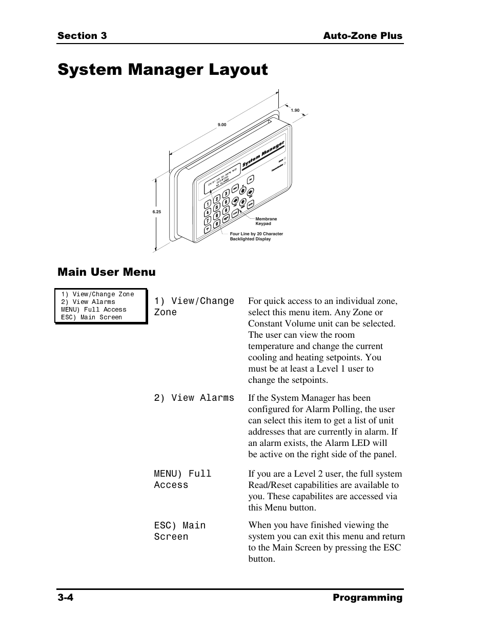 System manager layout, Main user menu | Auto-Zone Control Systems Auto-Zone Plus Systems Installation & Operation (Version 03A) User Manual | Page 90 / 210