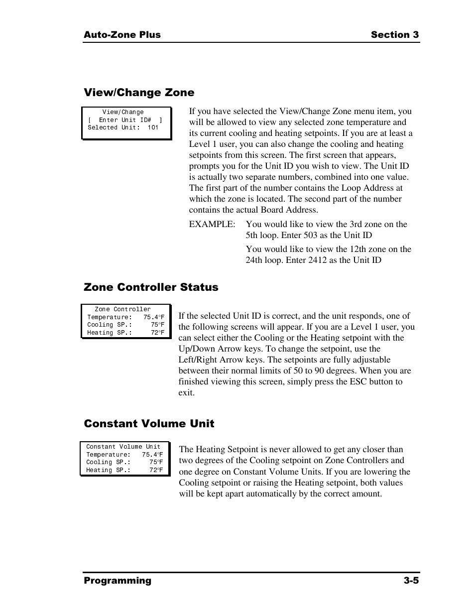 View/change zone, Zone controller status, Constant volume unit | Auto-Zone Control Systems Auto-Zone Plus Systems Installation & Operation (Version 03A) User Manual | Page 91 / 210