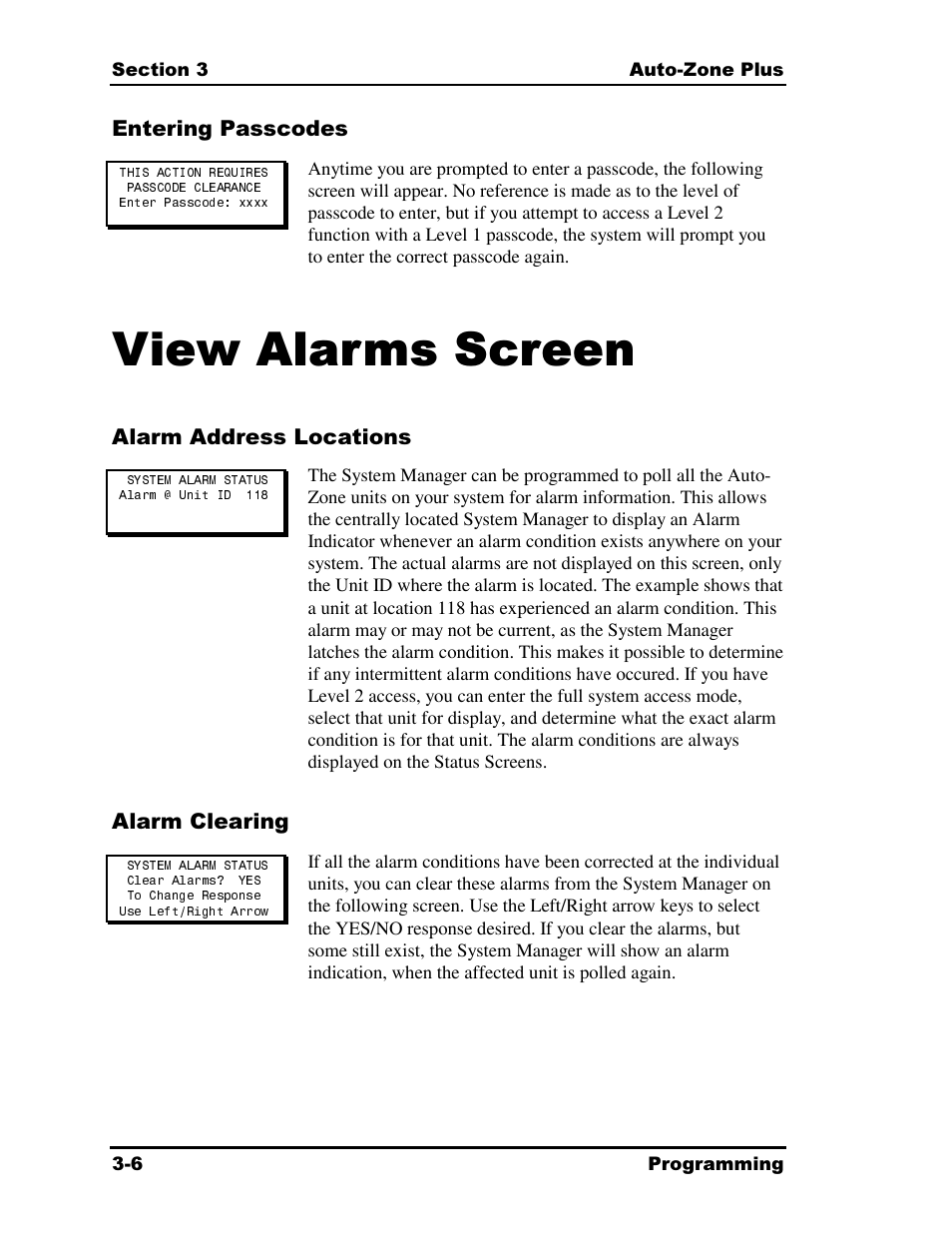 View alarms screen, Entering passcodes, Alarm address locations | Alarm clearing | Auto-Zone Control Systems Auto-Zone Plus Systems Installation & Operation (Version 03A) User Manual | Page 92 / 210