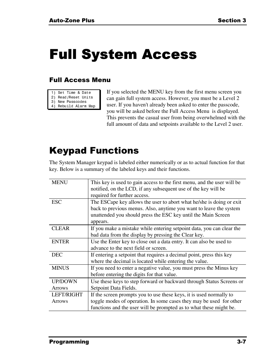 Full system access, Keypad functions | Auto-Zone Control Systems Auto-Zone Plus Systems Installation & Operation (Version 03A) User Manual | Page 93 / 210