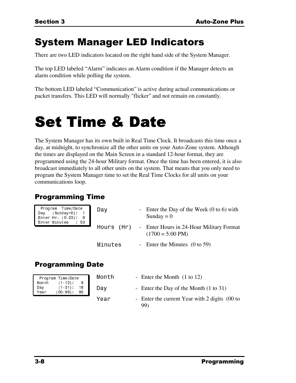 Set time & date, System manager led indicators | Auto-Zone Control Systems Auto-Zone Plus Systems Installation & Operation (Version 03A) User Manual | Page 94 / 210
