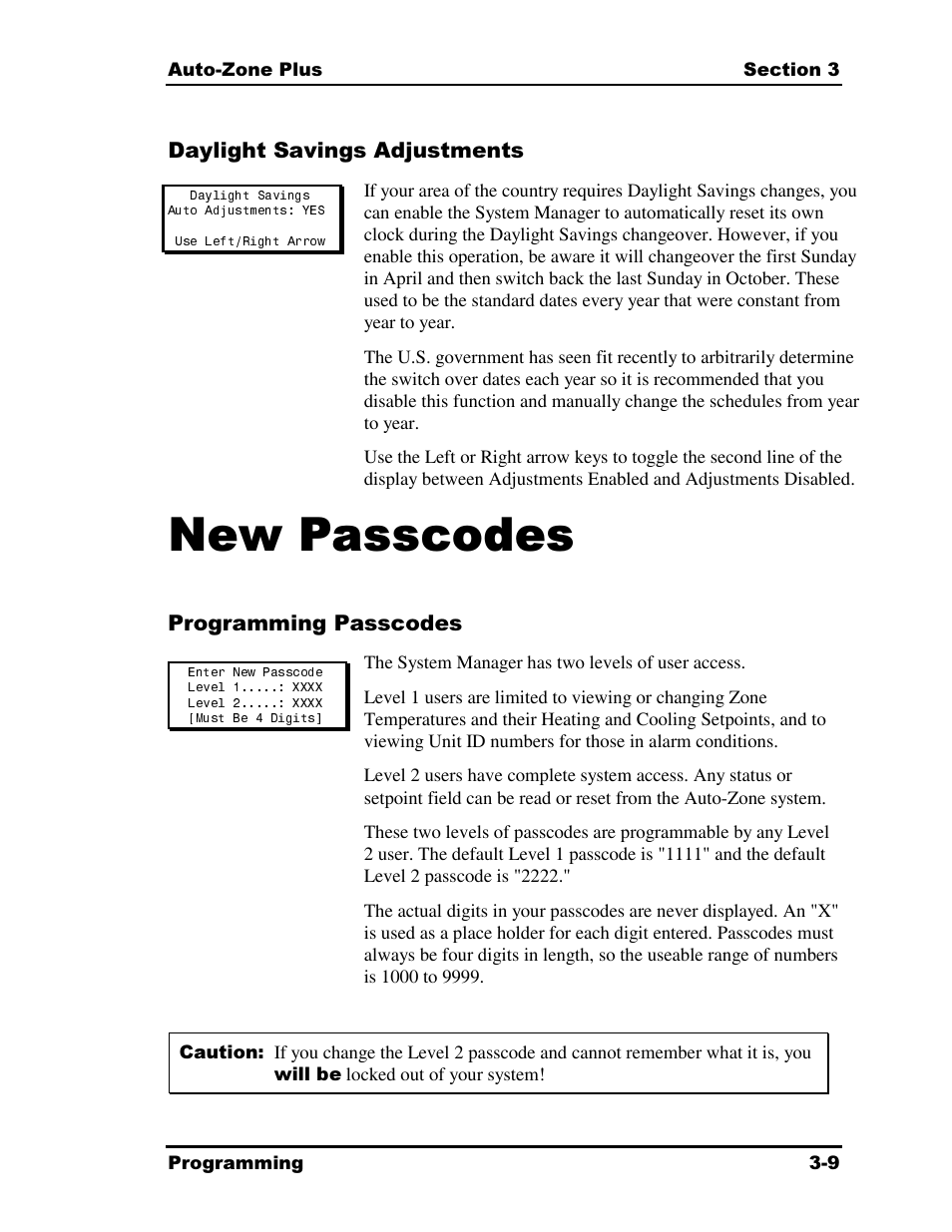 New passcodes | Auto-Zone Control Systems Auto-Zone Plus Systems Installation & Operation (Version 03A) User Manual | Page 95 / 210