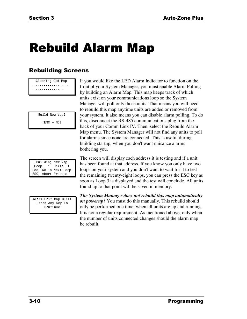 Rebuild alarm map, Rebuilding screens | Auto-Zone Control Systems Auto-Zone Plus Systems Installation & Operation (Version 03A) User Manual | Page 96 / 210