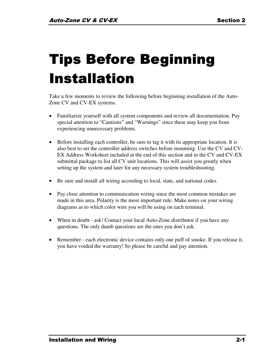 Tips before beginning installation | Auto-Zone Control Systems Auto-Zone CV & CV-EX Systems Installation & Operation (Version 01C) User Manual | Page 13 / 120
