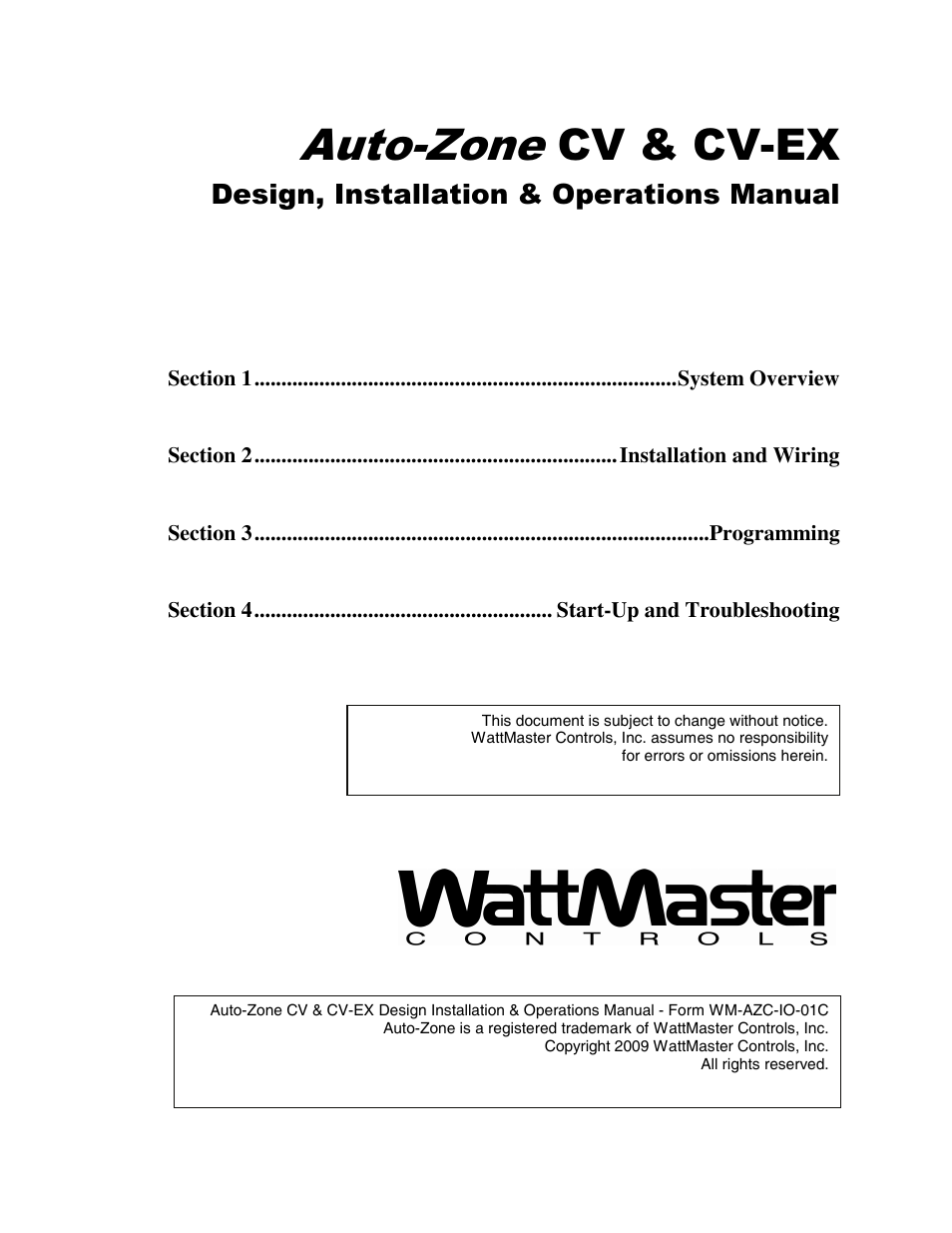 Auto-zone cv & cv-ex, Design, installation & operations manual | Auto-Zone Control Systems Auto-Zone CV & CV-EX Systems Installation & Operation (Version 01C) User Manual | Page 2 / 120