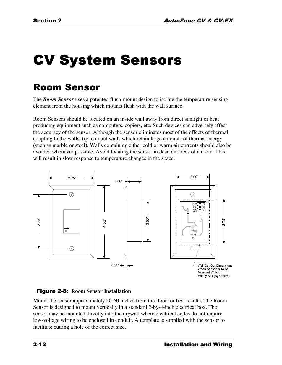 Cv system sensors, Room sensor | Auto-Zone Control Systems Auto-Zone CV & CV-EX Systems Installation & Operation (Version 01C) User Manual | Page 24 / 120