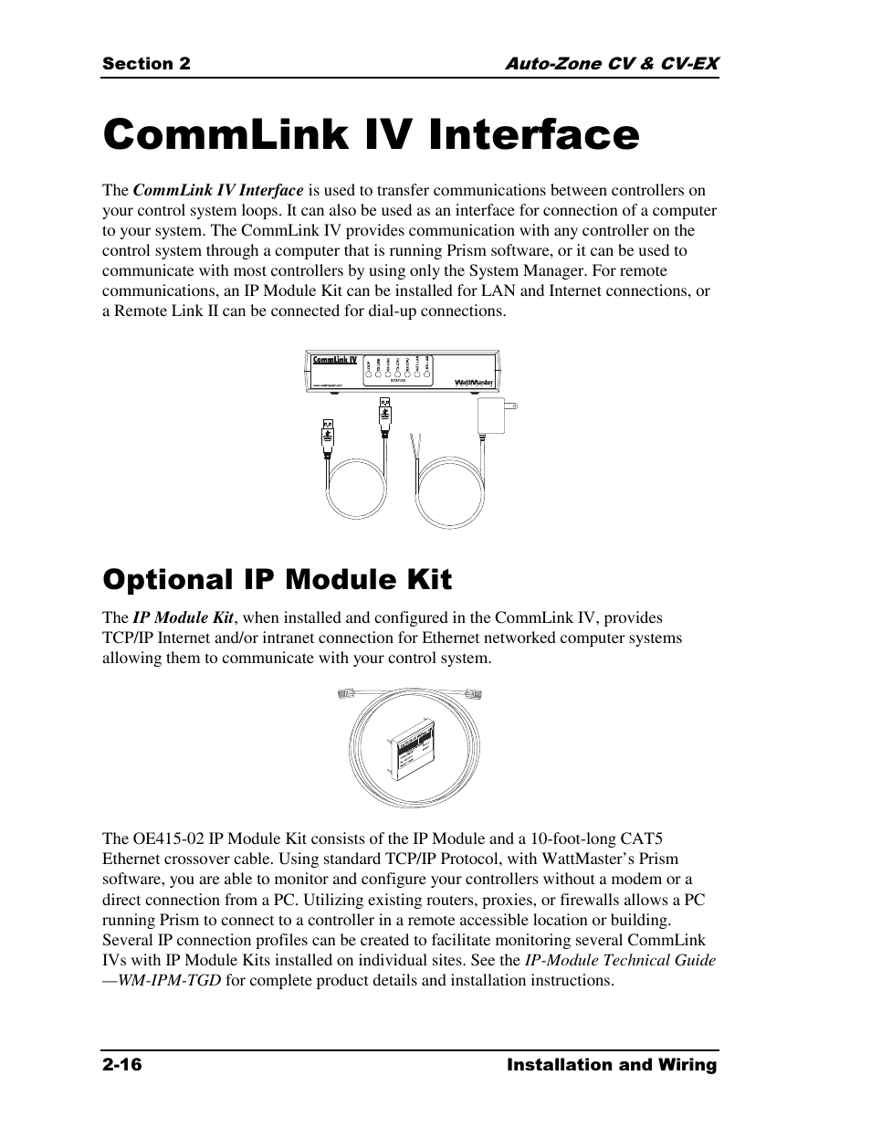 Commlink iv interface, Optional ip module kit | Auto-Zone Control Systems Auto-Zone CV & CV-EX Systems Installation & Operation (Version 01C) User Manual | Page 28 / 120