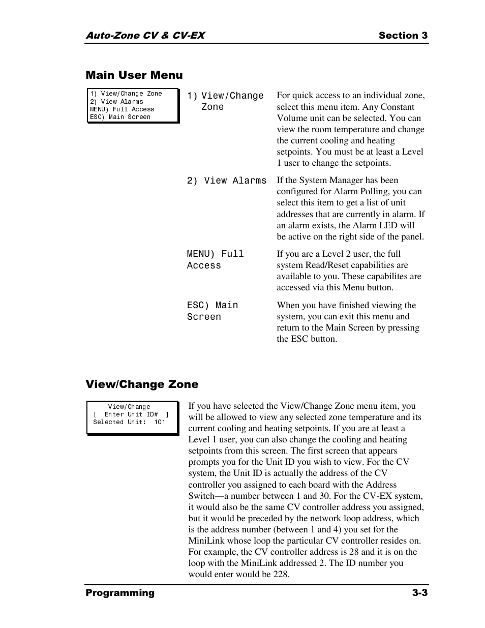 Main user menu, View/change zone | Auto-Zone Control Systems Auto-Zone CV & CV-EX Systems Installation & Operation (Version 01C) User Manual | Page 47 / 120