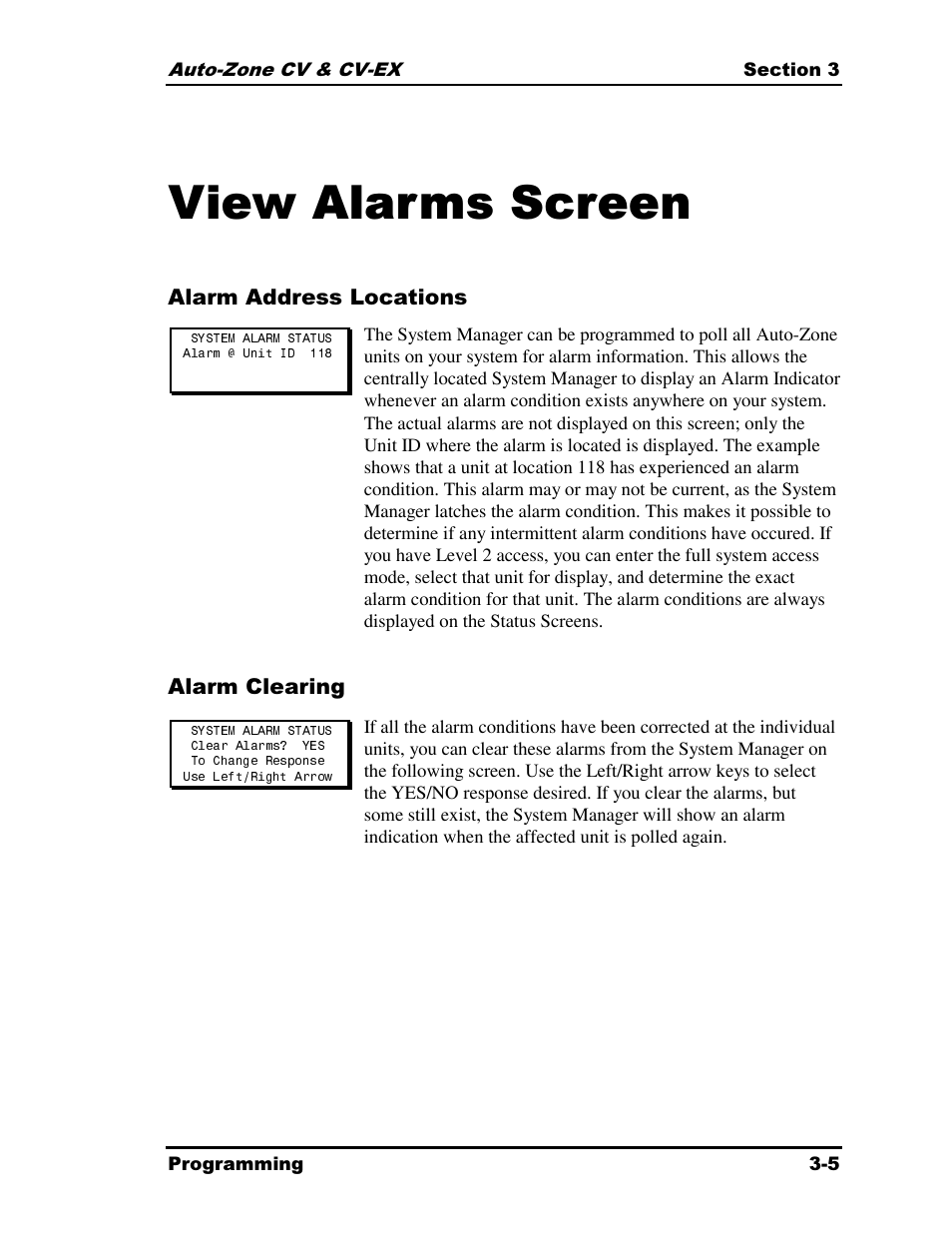 View alarms screen | Auto-Zone Control Systems Auto-Zone CV & CV-EX Systems Installation & Operation (Version 01C) User Manual | Page 49 / 120