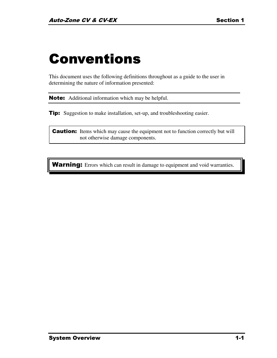 Conventions | Auto-Zone Control Systems Auto-Zone CV & CV-EX Systems Installation & Operation (Version 01C) User Manual | Page 5 / 120