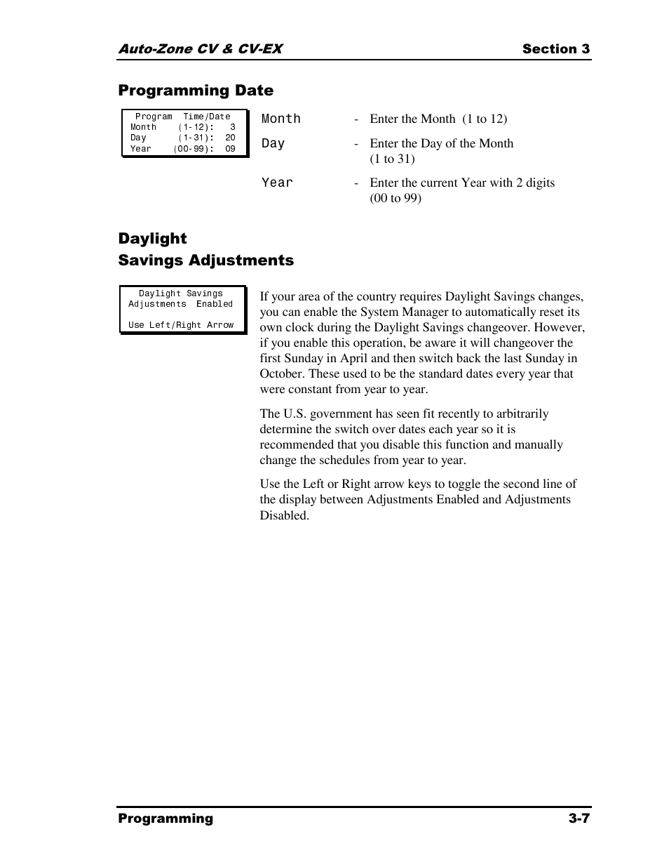Programming date, Daylight savings adjustments | Auto-Zone Control Systems Auto-Zone CV & CV-EX Systems Installation & Operation (Version 01C) User Manual | Page 51 / 120