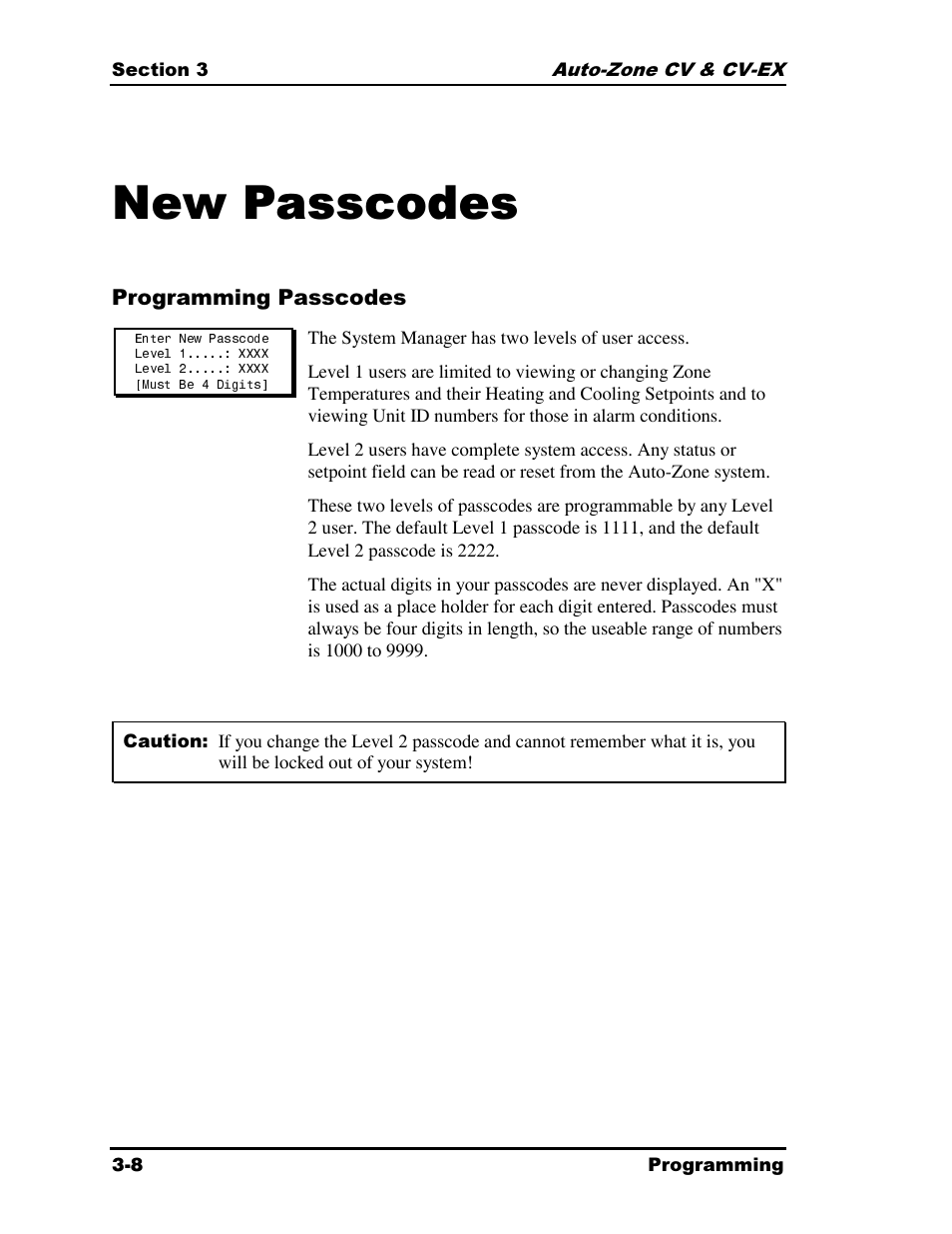 New passcodes | Auto-Zone Control Systems Auto-Zone CV & CV-EX Systems Installation & Operation (Version 01C) User Manual | Page 52 / 120