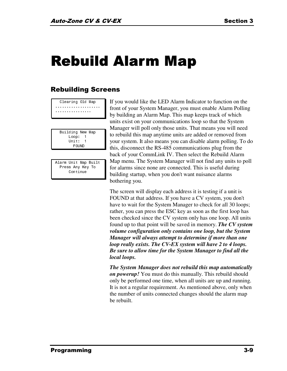 Rebuild alarm map, Rebuilding screens | Auto-Zone Control Systems Auto-Zone CV & CV-EX Systems Installation & Operation (Version 01C) User Manual | Page 53 / 120