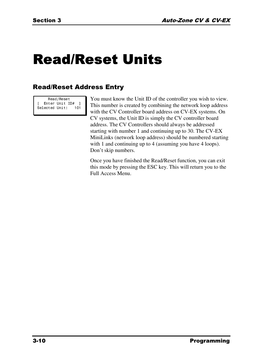 Read/reset units | Auto-Zone Control Systems Auto-Zone CV & CV-EX Systems Installation & Operation (Version 01C) User Manual | Page 54 / 120