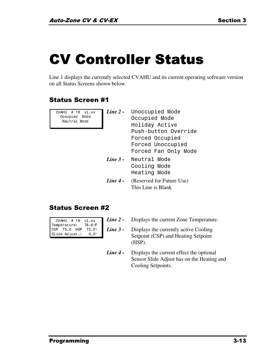 Cv controller status | Auto-Zone Control Systems Auto-Zone CV & CV-EX Systems Installation & Operation (Version 01C) User Manual | Page 57 / 120