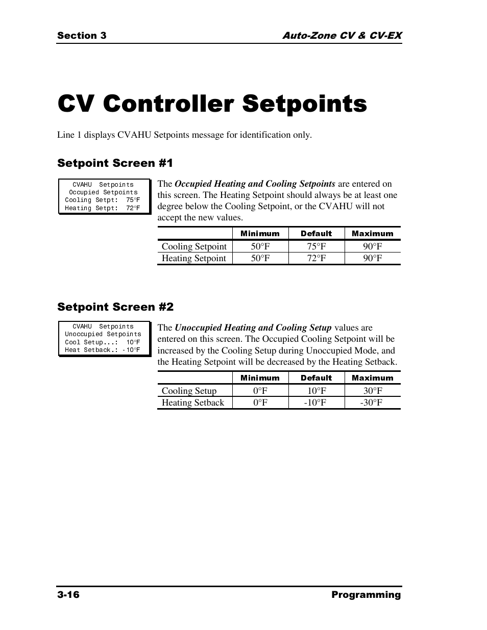 Cv controller setpoints, Minimum, Default | Maximum | Auto-Zone Control Systems Auto-Zone CV & CV-EX Systems Installation & Operation (Version 01C) User Manual | Page 60 / 120