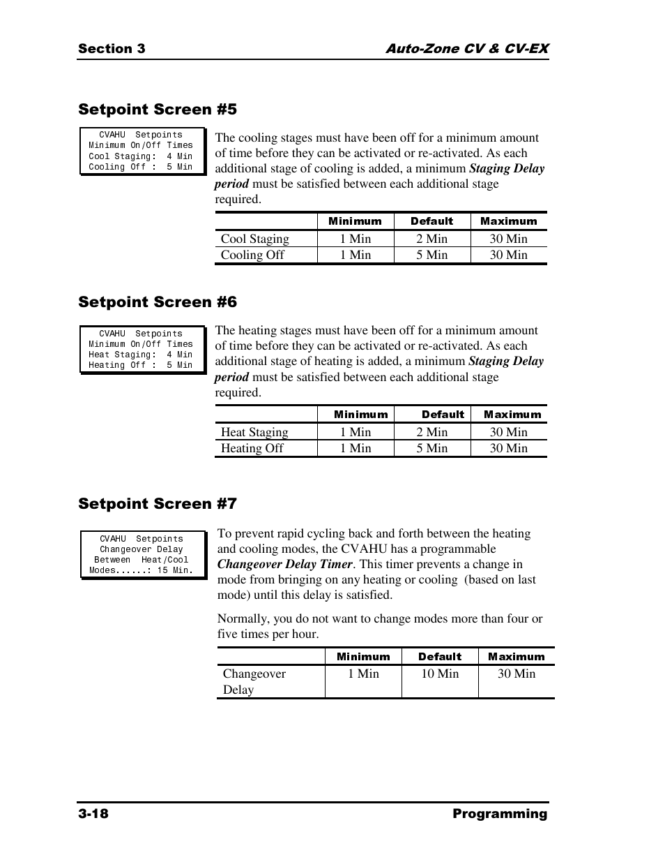 Minimum, Default, Maximum | Setpoint screen #5, Setpoint screen #6, Setpoint screen #7 | Auto-Zone Control Systems Auto-Zone CV & CV-EX Systems Installation & Operation (Version 01C) User Manual | Page 62 / 120
