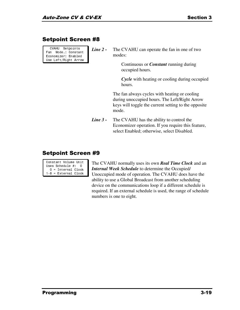Setpoint screen #8, Setpoint screen #9 | Auto-Zone Control Systems Auto-Zone CV & CV-EX Systems Installation & Operation (Version 01C) User Manual | Page 63 / 120