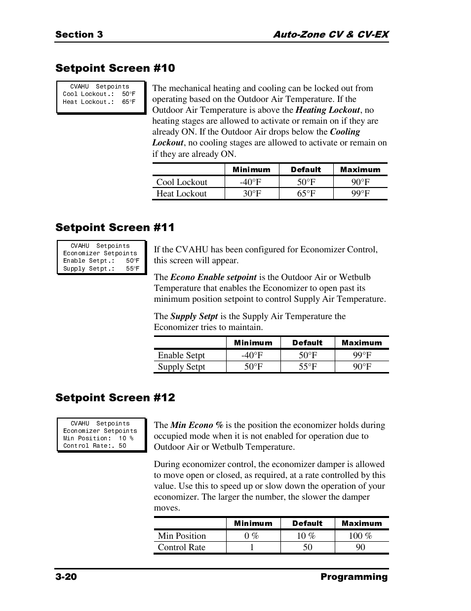 Minimum, Default, Maximum | Setpoint screen #10, Setpoint screen #11, Setpoint screen #12 | Auto-Zone Control Systems Auto-Zone CV & CV-EX Systems Installation & Operation (Version 01C) User Manual | Page 64 / 120