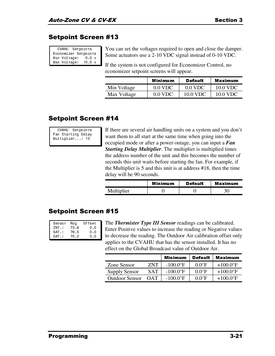 Minimum, Default, Maximum | Minimum default maximum, Setpoint screen #13, Setpoint screen #14, Setpoint screen #15 | Auto-Zone Control Systems Auto-Zone CV & CV-EX Systems Installation & Operation (Version 01C) User Manual | Page 65 / 120