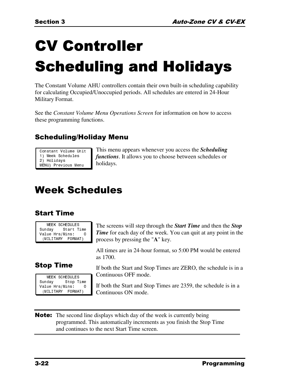 Cv controller scheduling and holidays, Week schedules | Auto-Zone Control Systems Auto-Zone CV & CV-EX Systems Installation & Operation (Version 01C) User Manual | Page 66 / 120