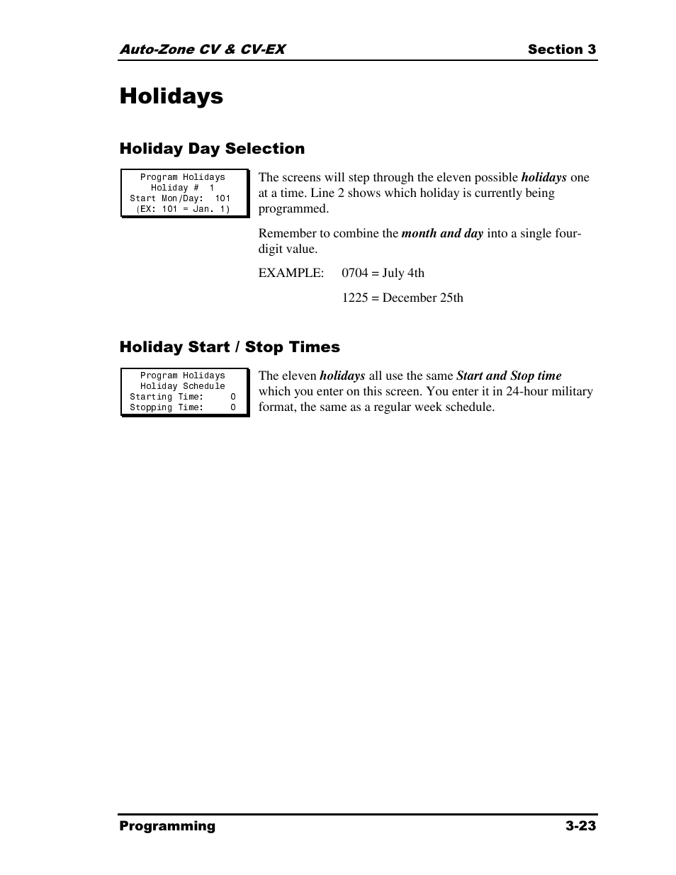 Holidays, Holiday day selection, Holiday start / stop times | Auto-Zone Control Systems Auto-Zone CV & CV-EX Systems Installation & Operation (Version 01C) User Manual | Page 67 / 120