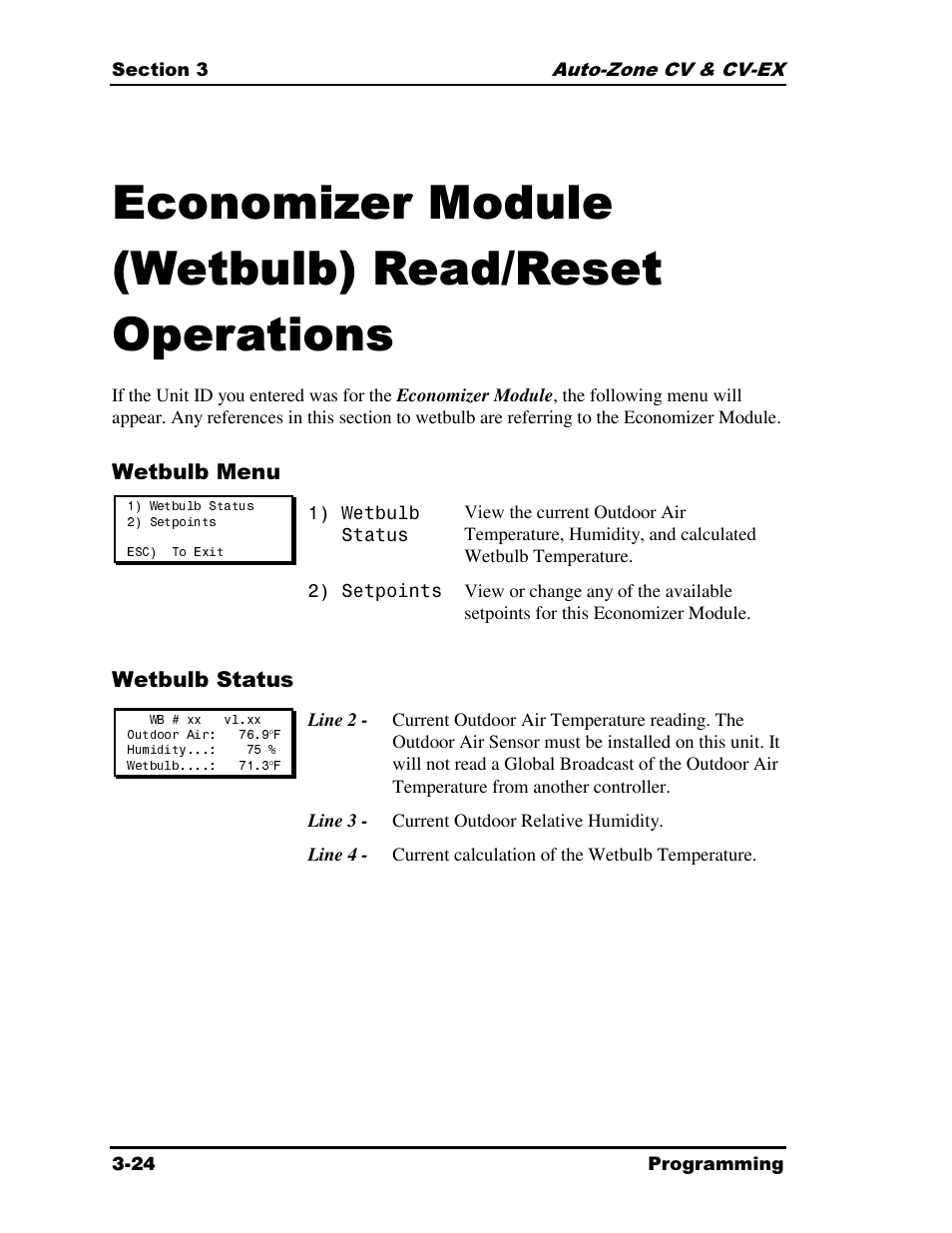 Economizer module (wetbulb) read/reset operations | Auto-Zone Control Systems Auto-Zone CV & CV-EX Systems Installation & Operation (Version 01C) User Manual | Page 68 / 120