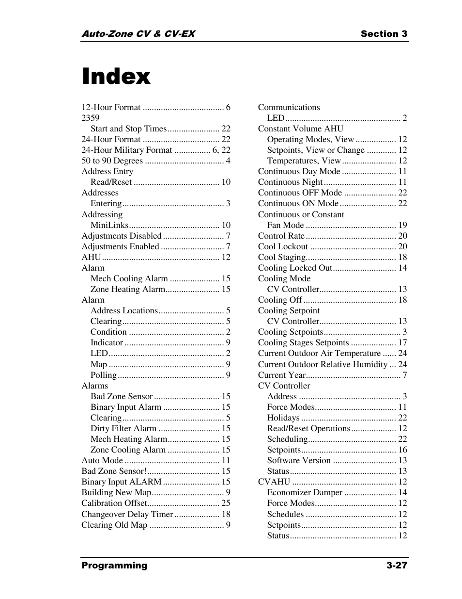 Index | Auto-Zone Control Systems Auto-Zone CV & CV-EX Systems Installation & Operation (Version 01C) User Manual | Page 71 / 120